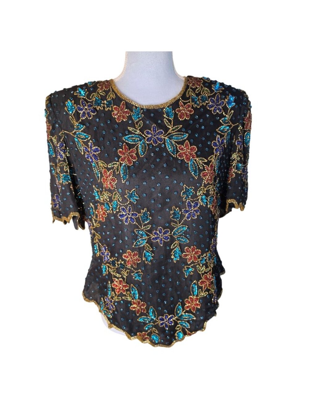 Laurence Kazar Vintage Beaded Silk Top Floral Sequin Scalloped Evening 2X XXL